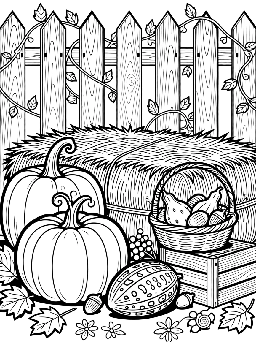 A cozy autumn harvest scene with pumpkins, gourds, and hay bales.
