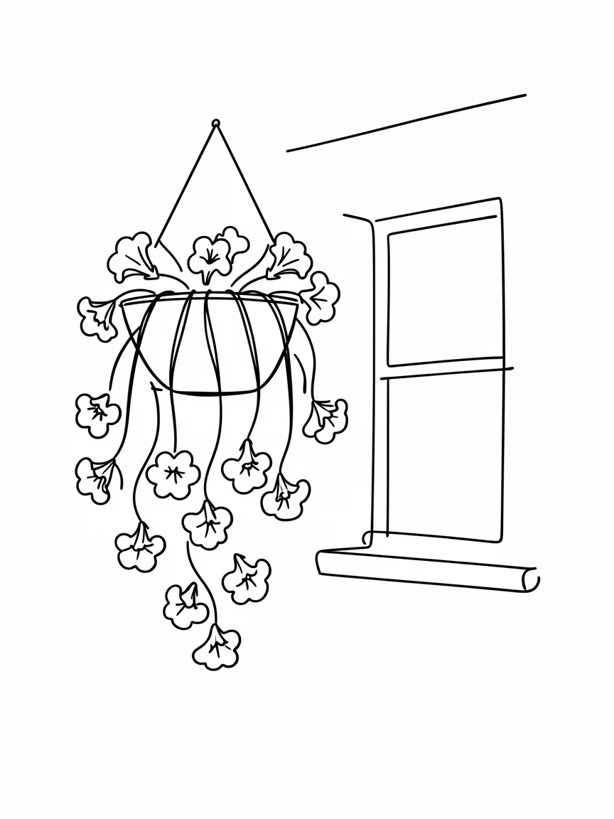 A hanging basket of trailing petunias outside a cottage window