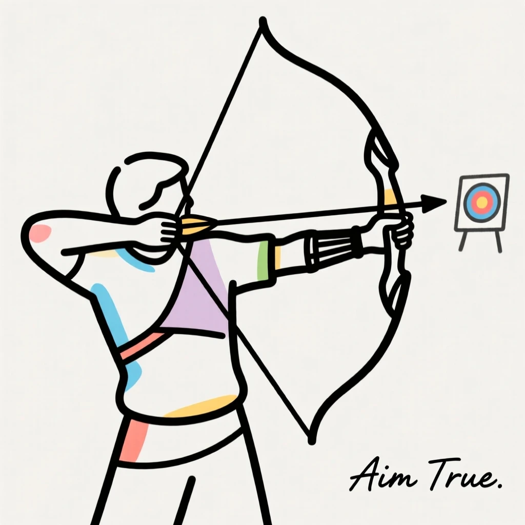 A archer drawing back a bow, aiming carefully at a distant target.