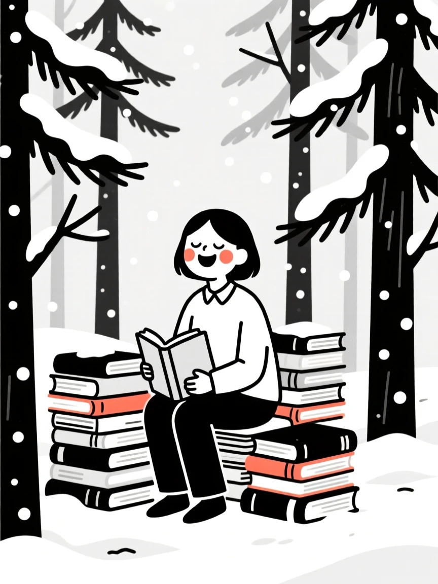 A librarian surrounded by books, laughing with eyes closed, in a snow-covered pine forest.