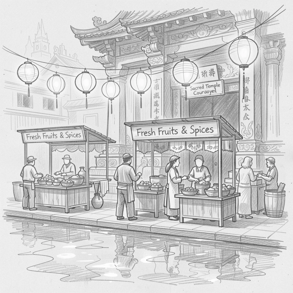 Vendors selling goods beneath glowing paper lanterns, beside a sacred temple courtyard, with reflections shimmering on calm water.