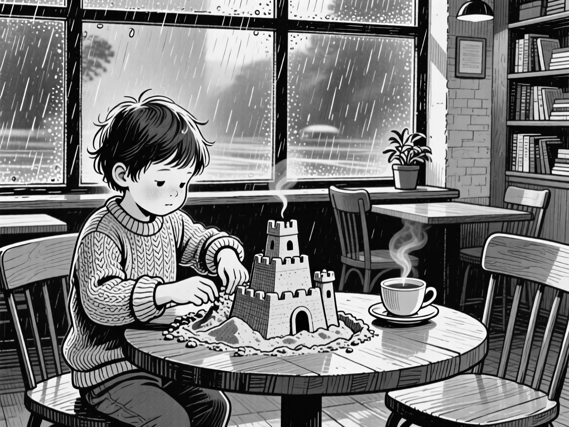 A child building a sandcastle inside a cozy cafe on a rainy day, with a cup of tea resting close by, creating a tender and sincere lifestyle scene.