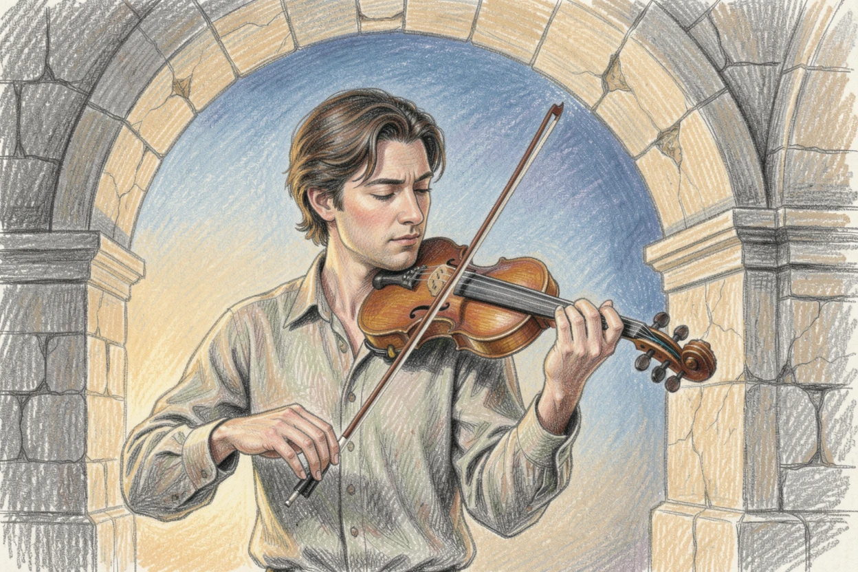 A violinist performing beneath the arches of an old stone courtyard, set against a softly lit, atmospheric backdrop, evoking warmth, beauty, and a lasting sense of wonder.