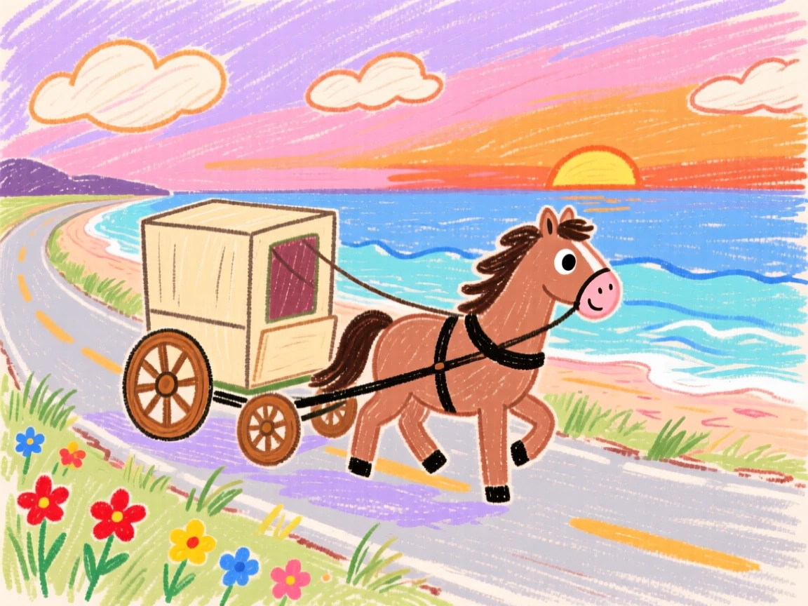 A horse drawn carriage traveling along a coastal road at sunset.