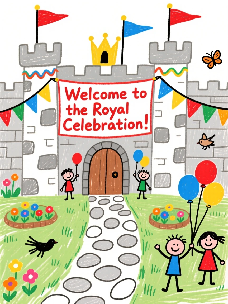 A castle courtyard filled with banners for a royal celebration.