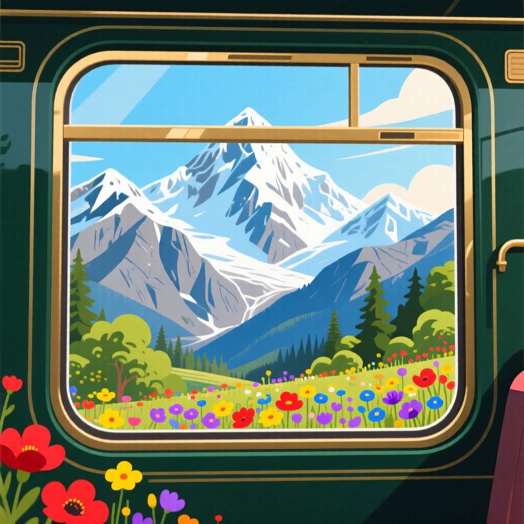 A grand snow-capped mountain range seen from a scenic train, surrounded by a lively, colorful atmosphere, composed with a postcard-worthy balanced perspective, with a joyful, adventurous atmosphere.