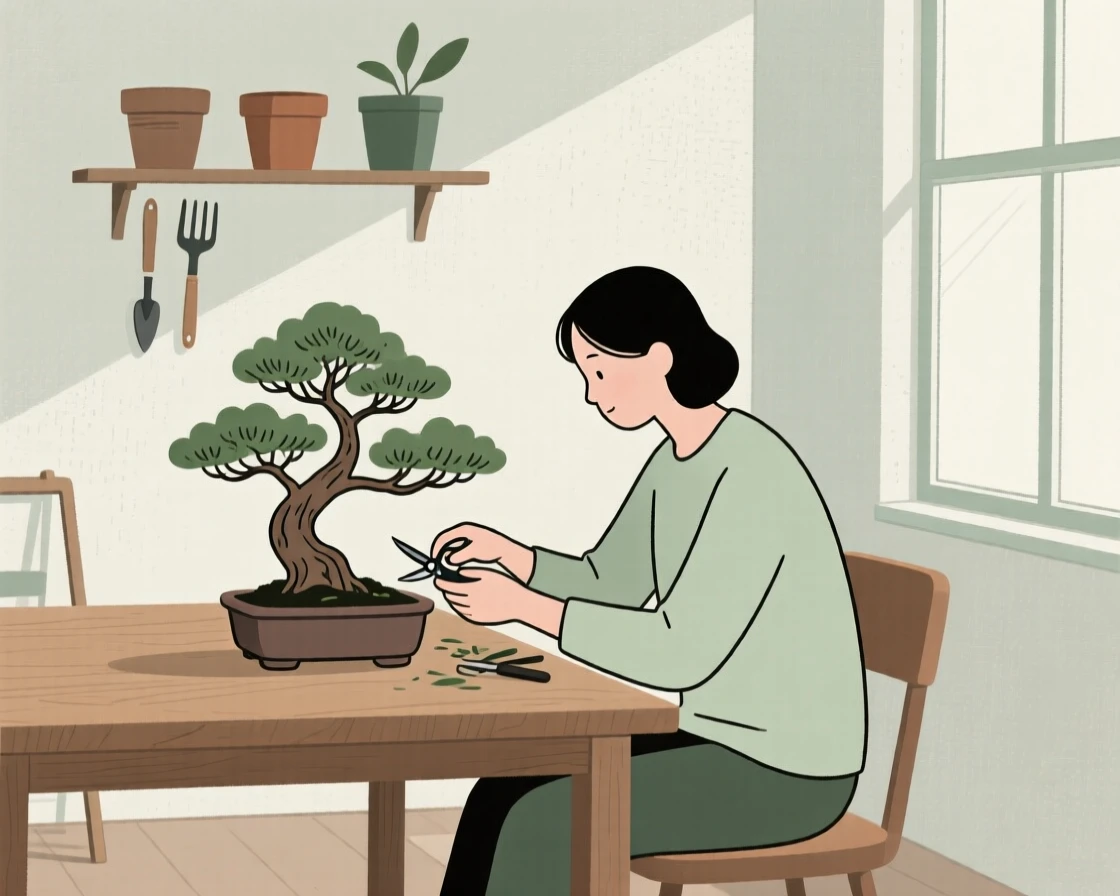 A person tending a bonsai tree in a quiet home studio.