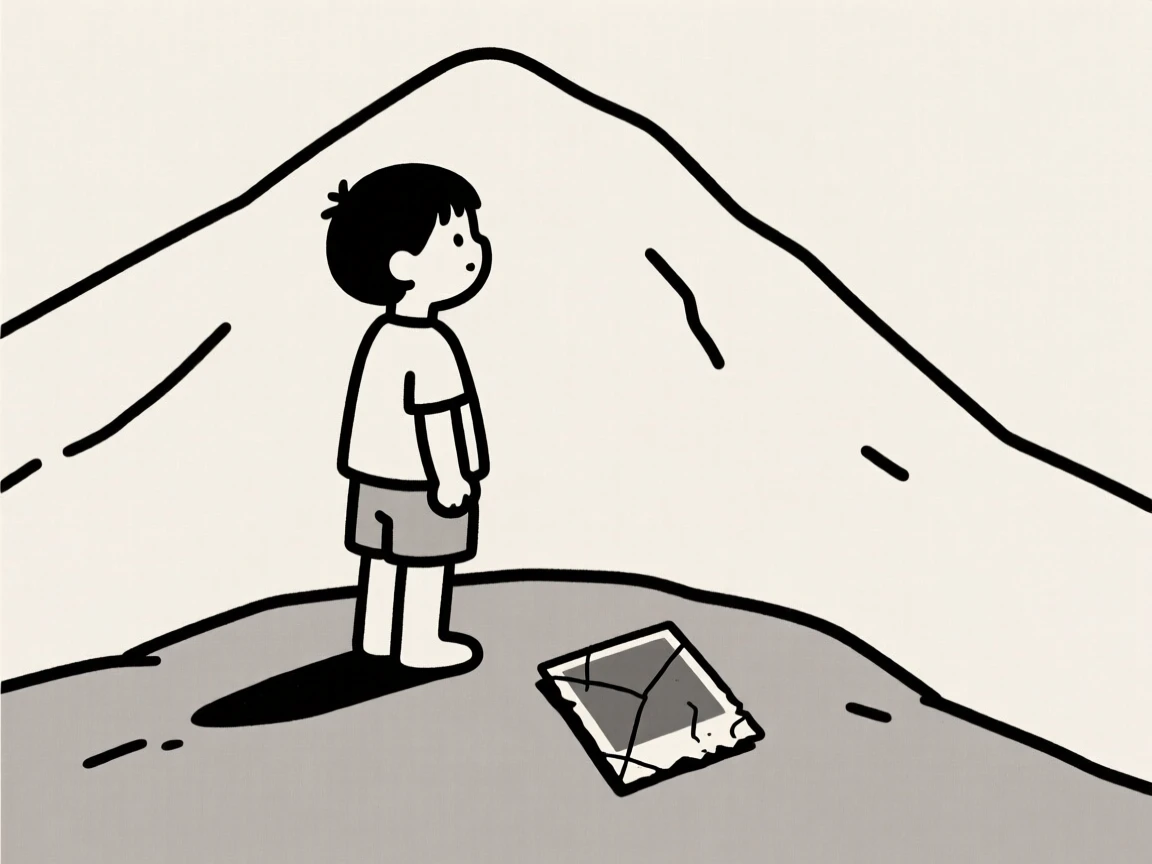 A quiet moment of proud accomplishment as a young child pauses in a mountain summit beside a worn photograph.
