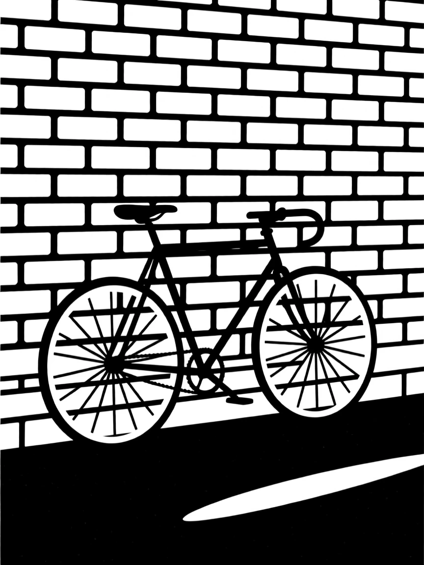 A bicycle leaning against a brick wall.