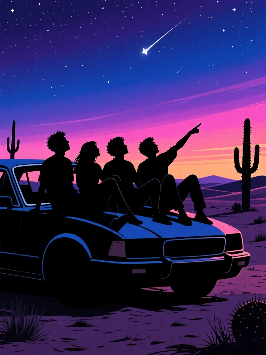 A group of friends stargazing from the hood of a parked car in the desert.