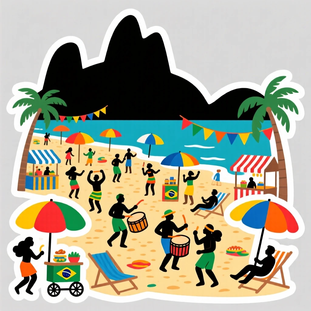 A richly detailed Brazilian beach with colorful umbrellas, with locals going about their day, at the peak of a local festival.