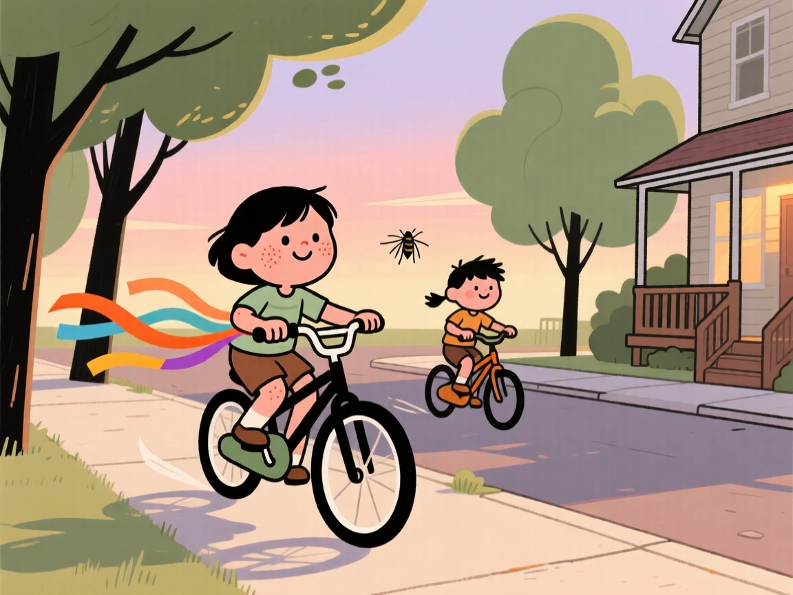 A child rides a bicycle with streamers down a tree-lined sidewalk on a warm summer evening, racing a friend to the corner as the hum of cicadas drifts from a nearby porch.