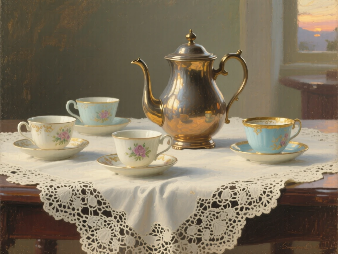 A medium shot of a teapot and porcelain cups arranged on a lace tablecloth, in the pale light of early evening.