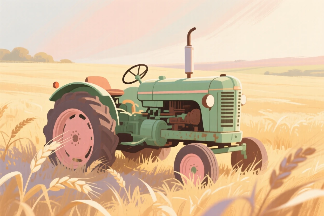 A vintage tractor resting in a golden wheat field