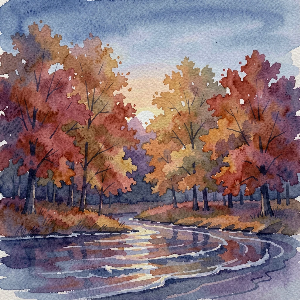 An autumn maple forest in the blue light of dusk with gentle waves lapping the shore.
