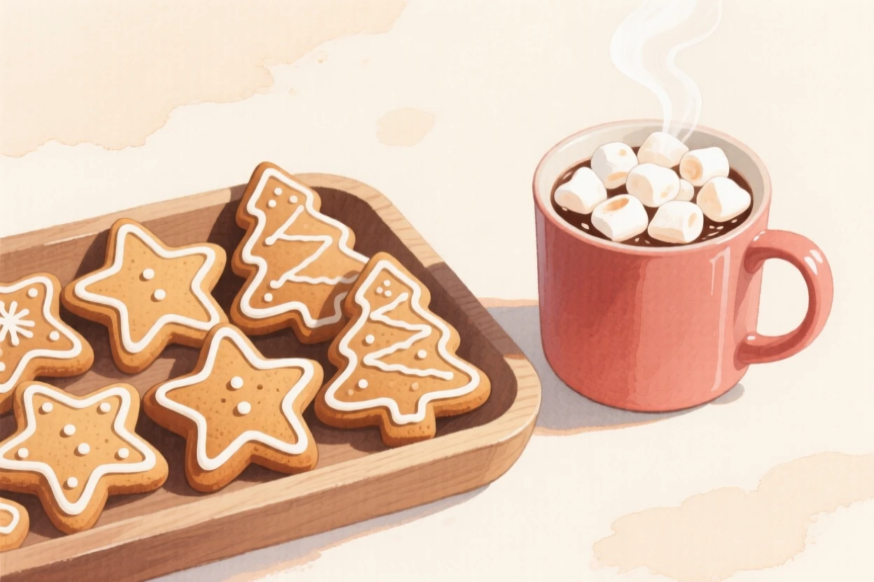 A tray of gingerbread cookies shaped like stars and trees cools beside a mug of hot cocoa with marshmallows