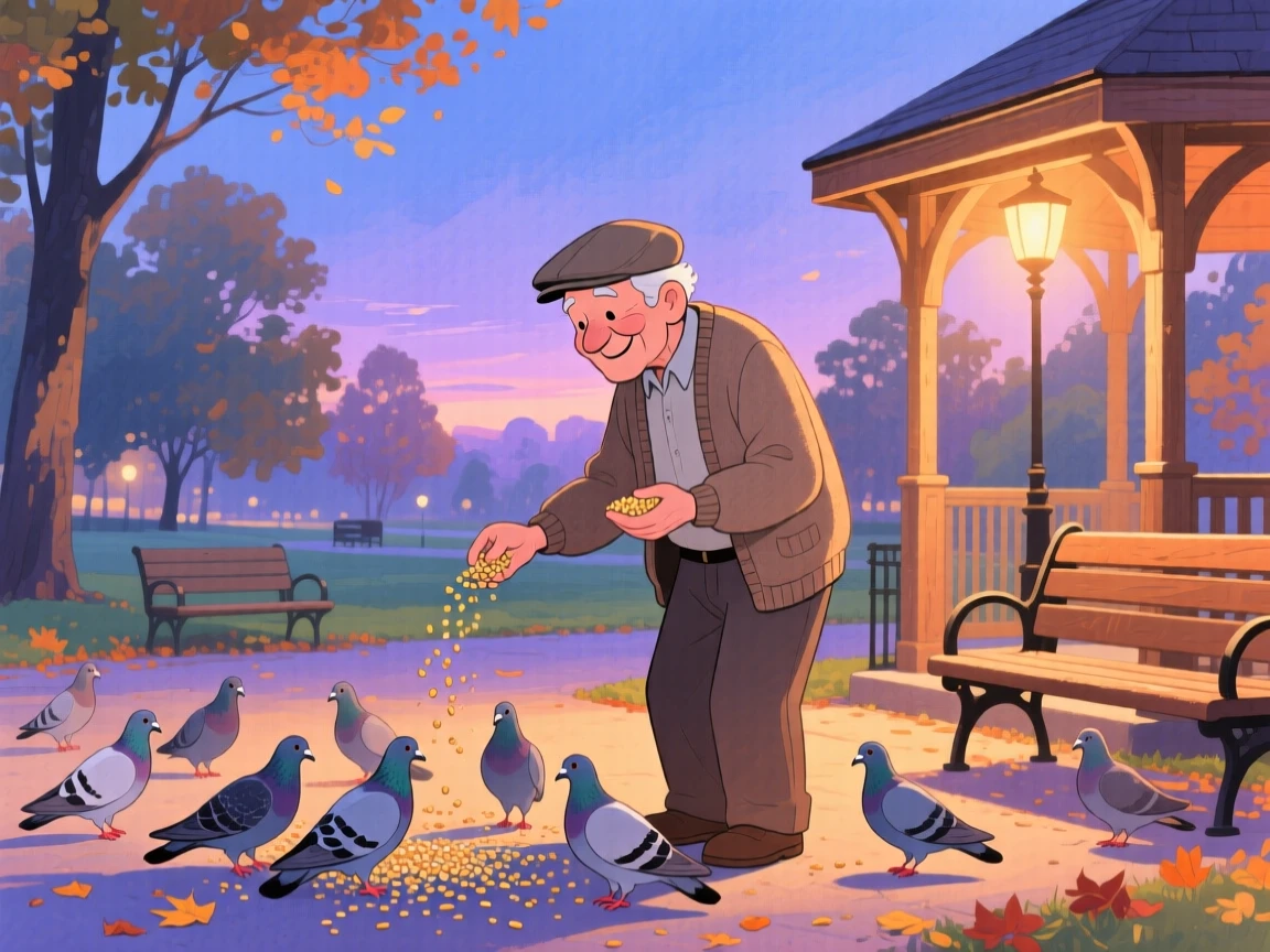 An elderly man feeding pigeons in a quiet park, a soft smile on his face, framed by warm porch light at dusk, radiating kindness, hope, and heartfelt emotion.