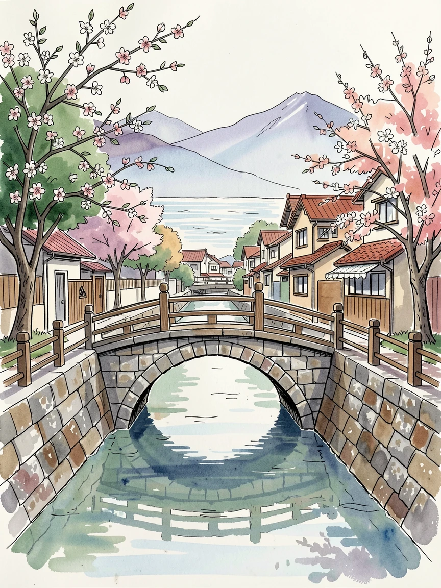 A quiet stone footbridge crossing a canal lined with flowering trees, distant mountains or sea visible beyond the rooftops.