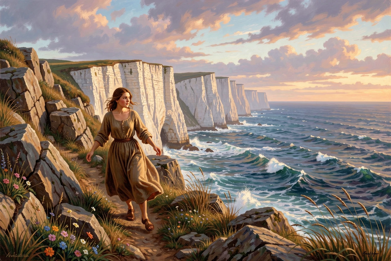 A young shepherdess climbs toward a rugged coastline of chalk cliffs as the sun begins to set.