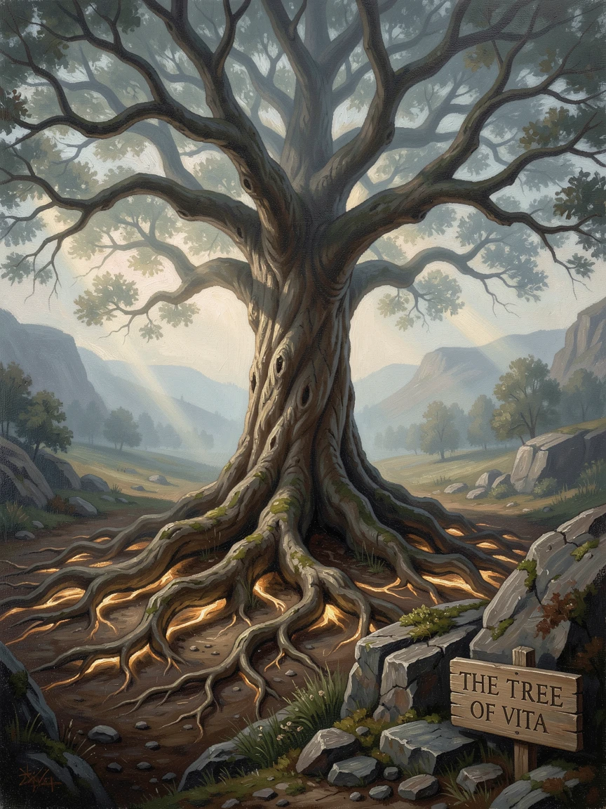 A colossal tree of life with glowing roots stretching across a mystical valley, as beams of light cut dramatically through darkness or fog, designed to captivate the imagination while feeling grounded in realism