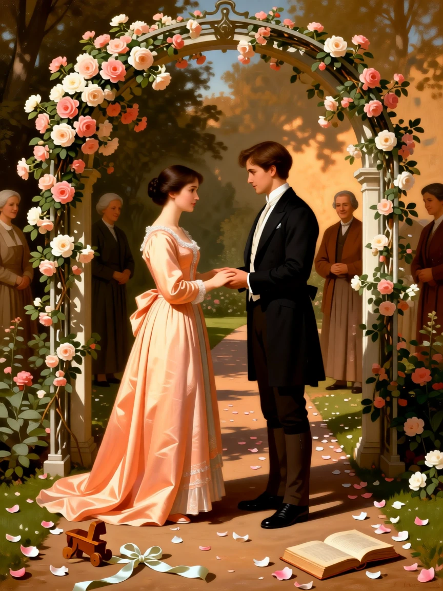 A young couple exchanging vows beneath a blossoming arch as gentle affection passes easily between generations, set beside a garden path scattered with fallen blossoms, with toys, ribbons, or a forgotten book scattered nearby; warm, low light wraps the family in a comforting glow, suggesting the enduring bonds between generations.