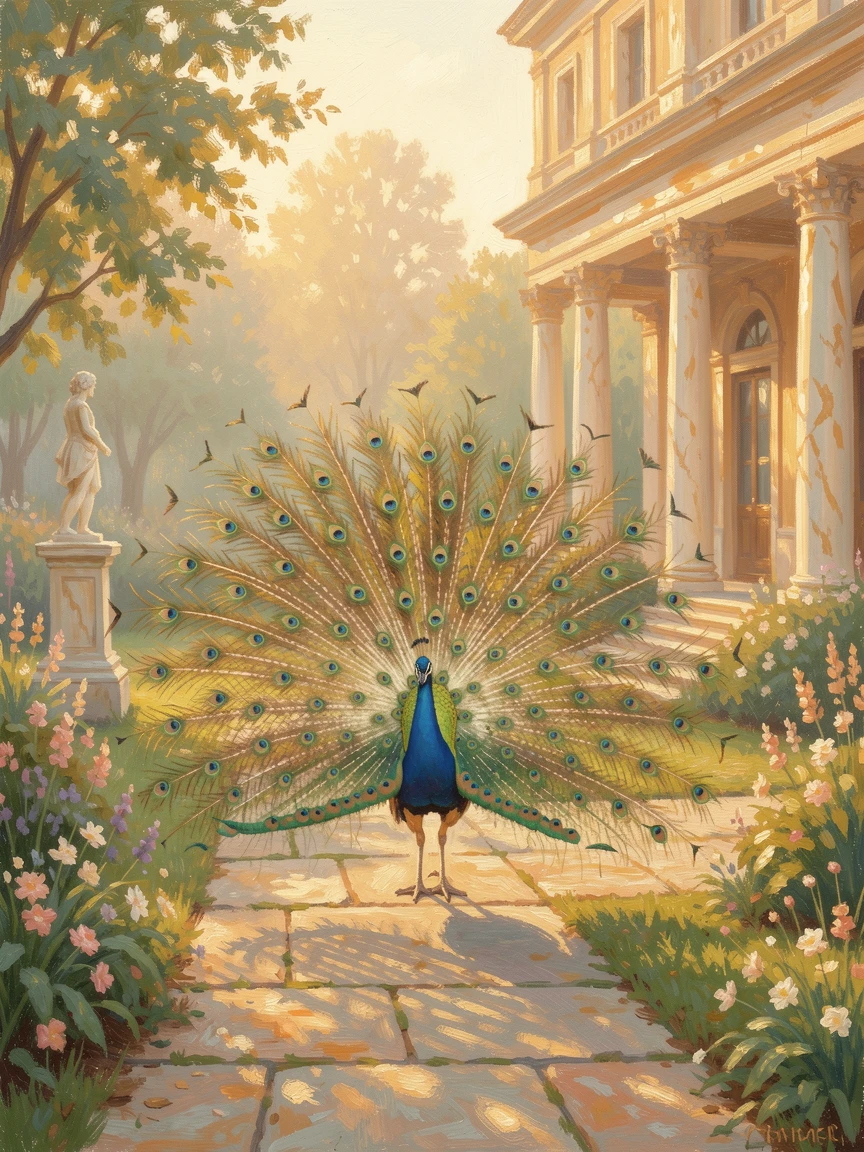 A peacock displaying its iridescent tail feathers in a sunlit palace garden, at golden sunrise.