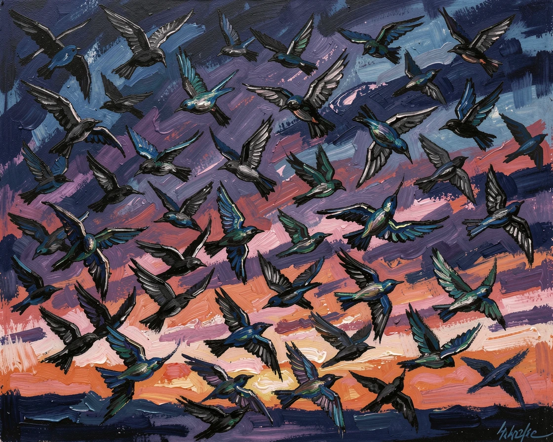 A flock of starlings forming a mesmerizing pattern against a darkening evening sky.