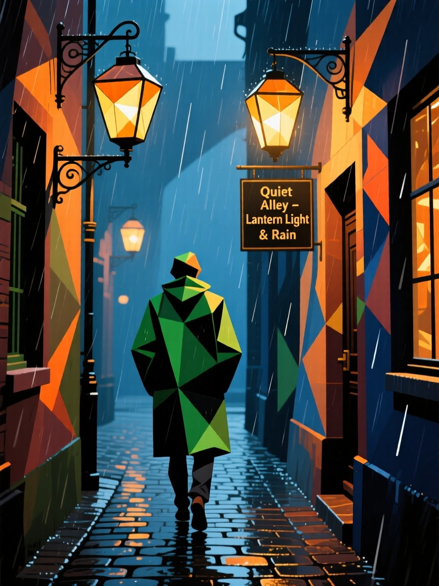 A traveler wandering a lantern-lit alley during a quiet evening rainstorm.