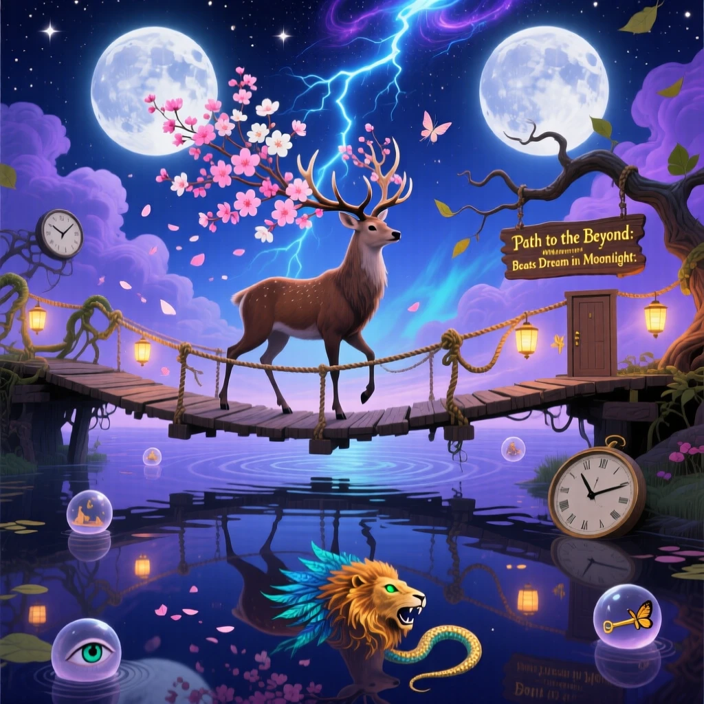 A stag with branches of blooming cherry blossoms for antlers walks across a bridge suspended between two moons, while its reflection shows a completely different creature.
