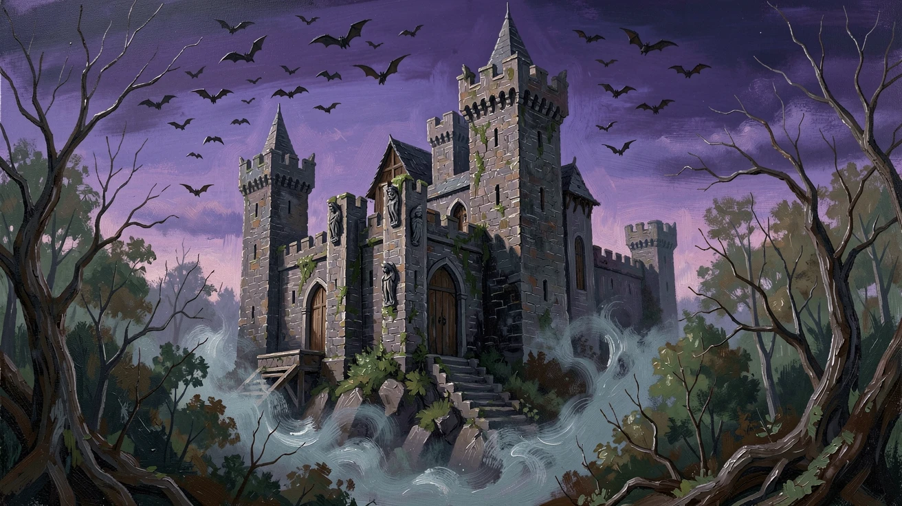 Dracula's Castle rises dramatically above a misty Romanian forest at dusk, bats circling its dark towers against a deep violet sky, the play of light across weathered surfaces revealing decades of history in every wall.