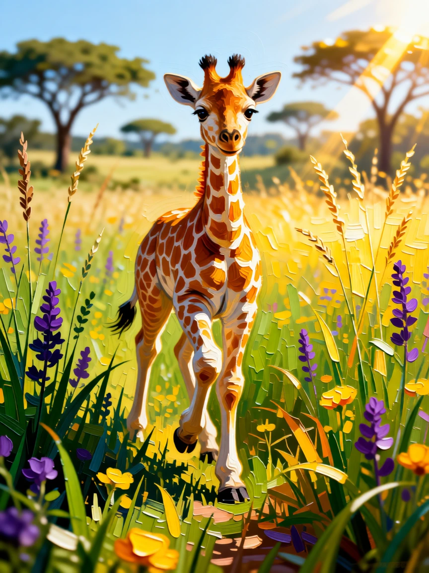 A heartwarming photo of a baby giraffe taking its first wobbly steps in a sunlit meadow