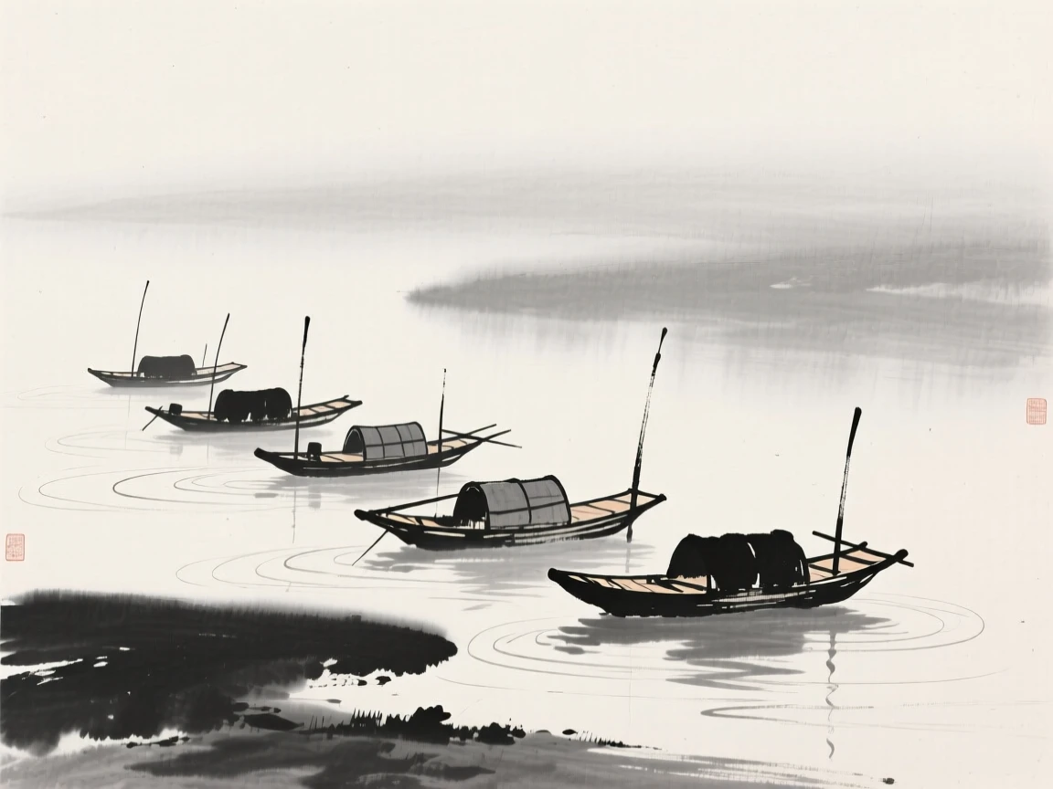 A row of small fishing boats rests along a misty shoreline, as ripples spread slowly outward from the boat.