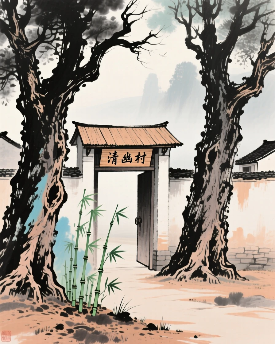 A village gate framed by two towering old trees, as morning mist begins to lift, as new bamboo shoots break through the soil, imbued with timeless calm.