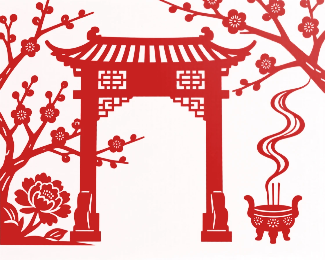 A village archway, framed by blossoming trees in full spring bloom, smoke curling gently from a nearby incense burner.