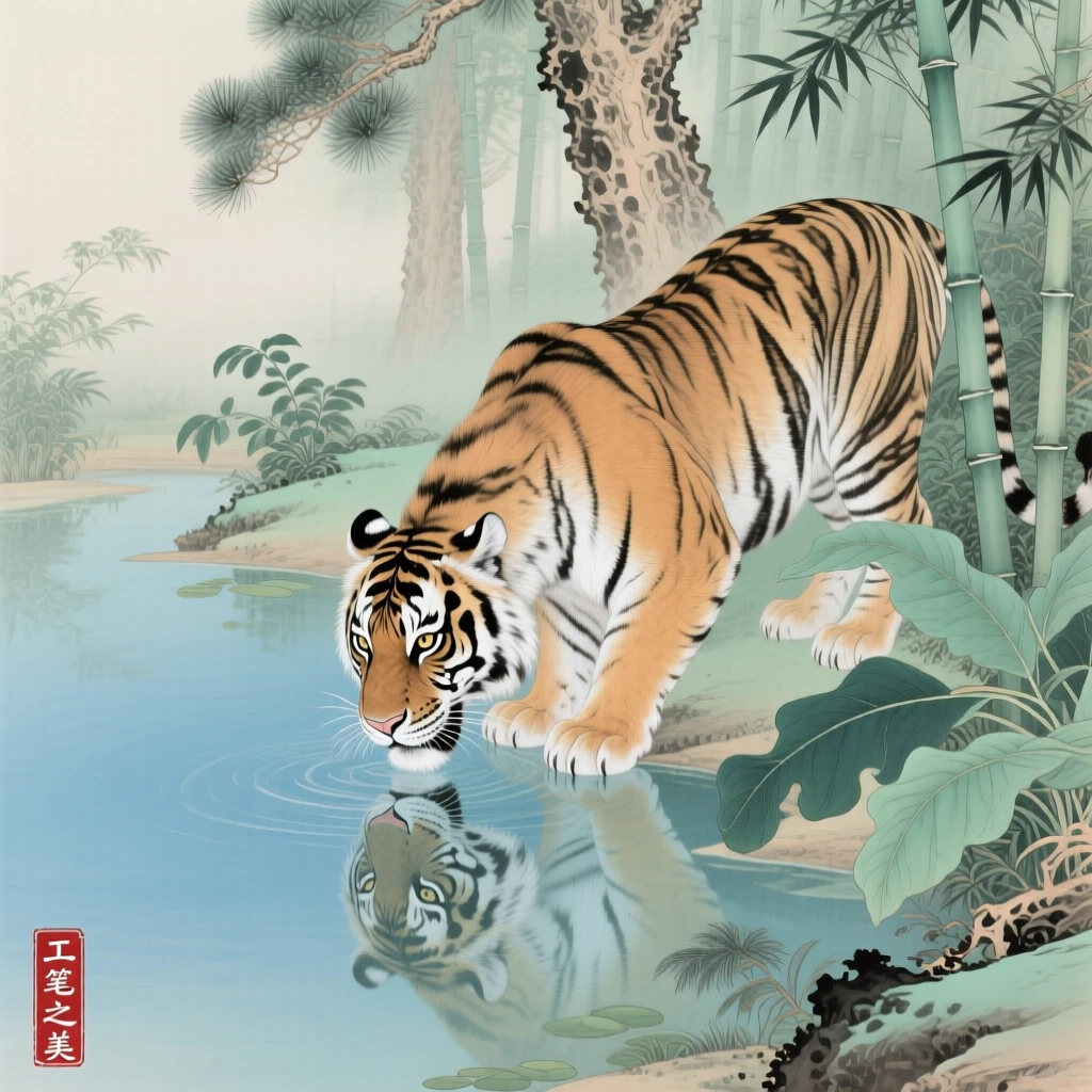A tiger drinking from a still forest pool