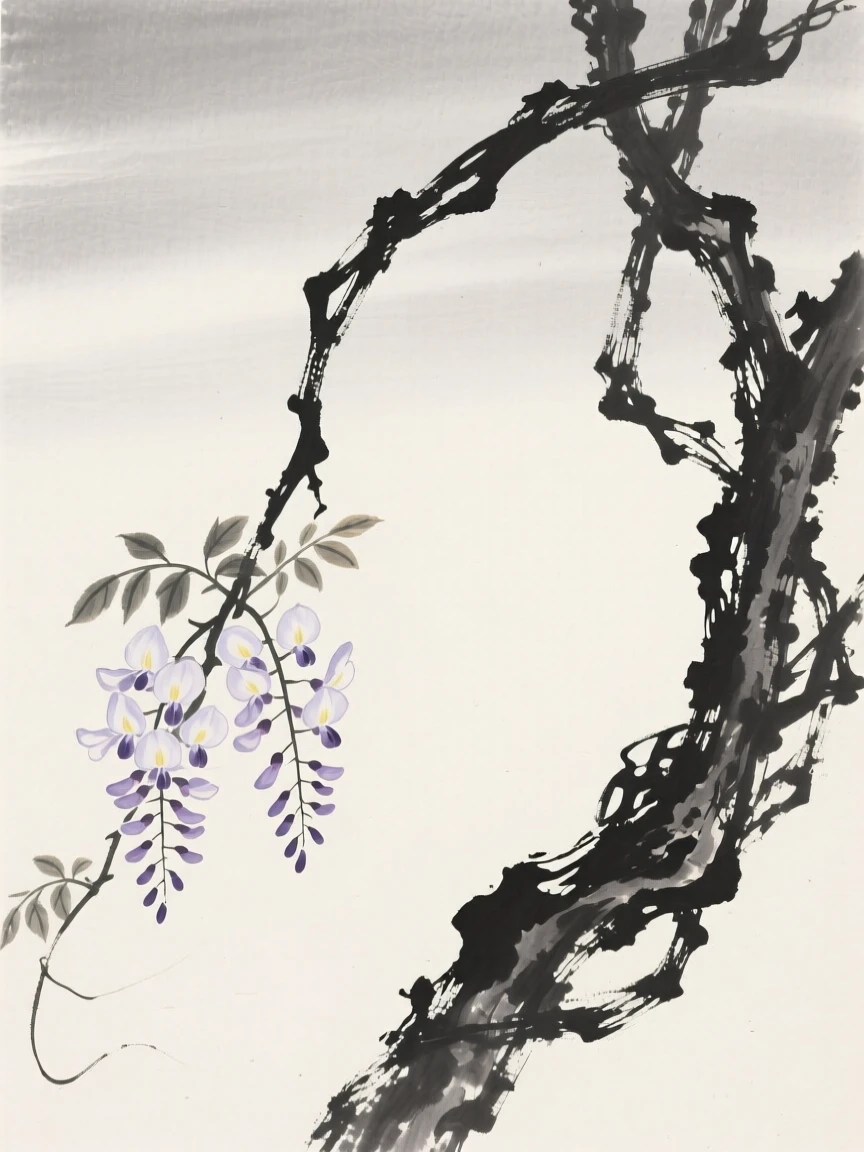 A twisted old wisteria vine against a soft, empty backdrop, set against a soft gradient of misty background, capturing a delicate, transient moment in bloom.