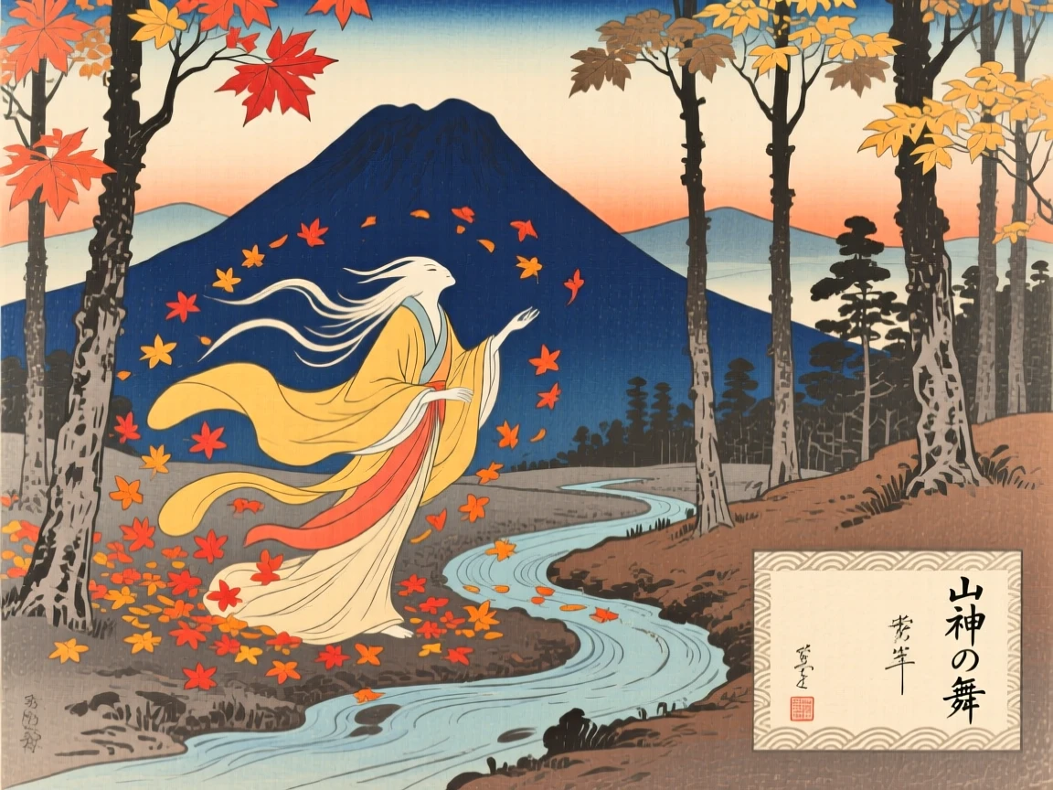 A watching mountain spirit swirling autumn leaves through a clearing.