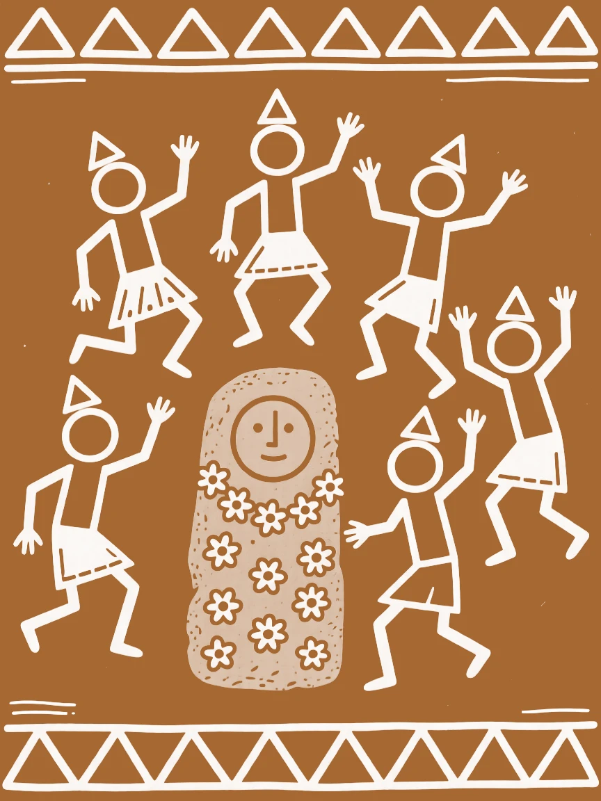 A group of dancers performing a ritual dance before a stone deity adorned with flowers.