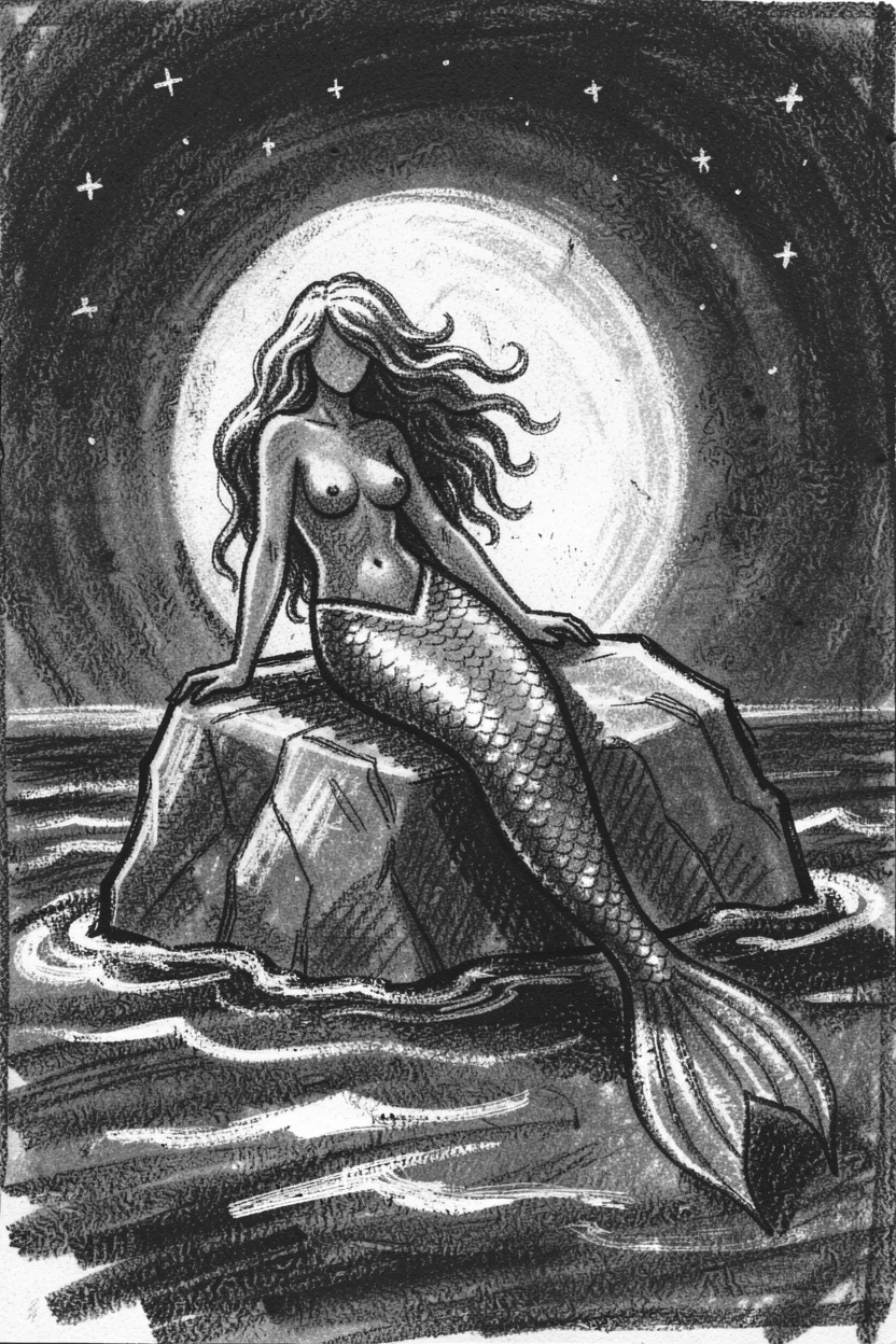 A mermaid resting on a moonlit rock, as the first stars appear overhead.