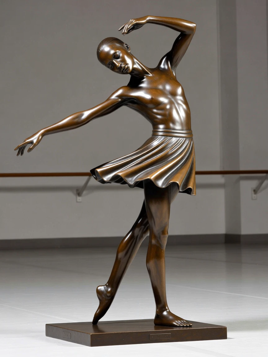 A young dancer practicing alone in an empty studio, with a serene, contemplative gaze, forming a strong central focal point