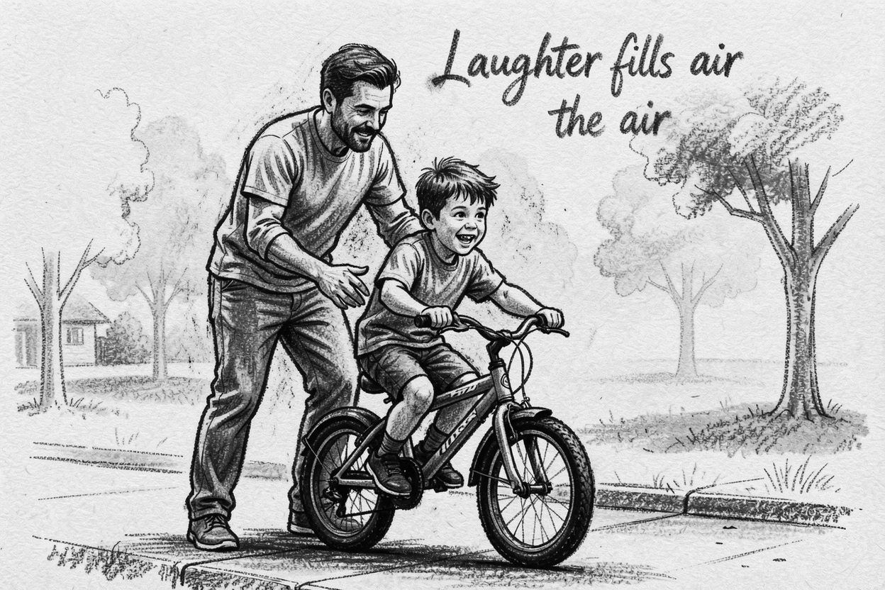 A father teaching his son to ride a bicycle, as laughter fills the air around them.
