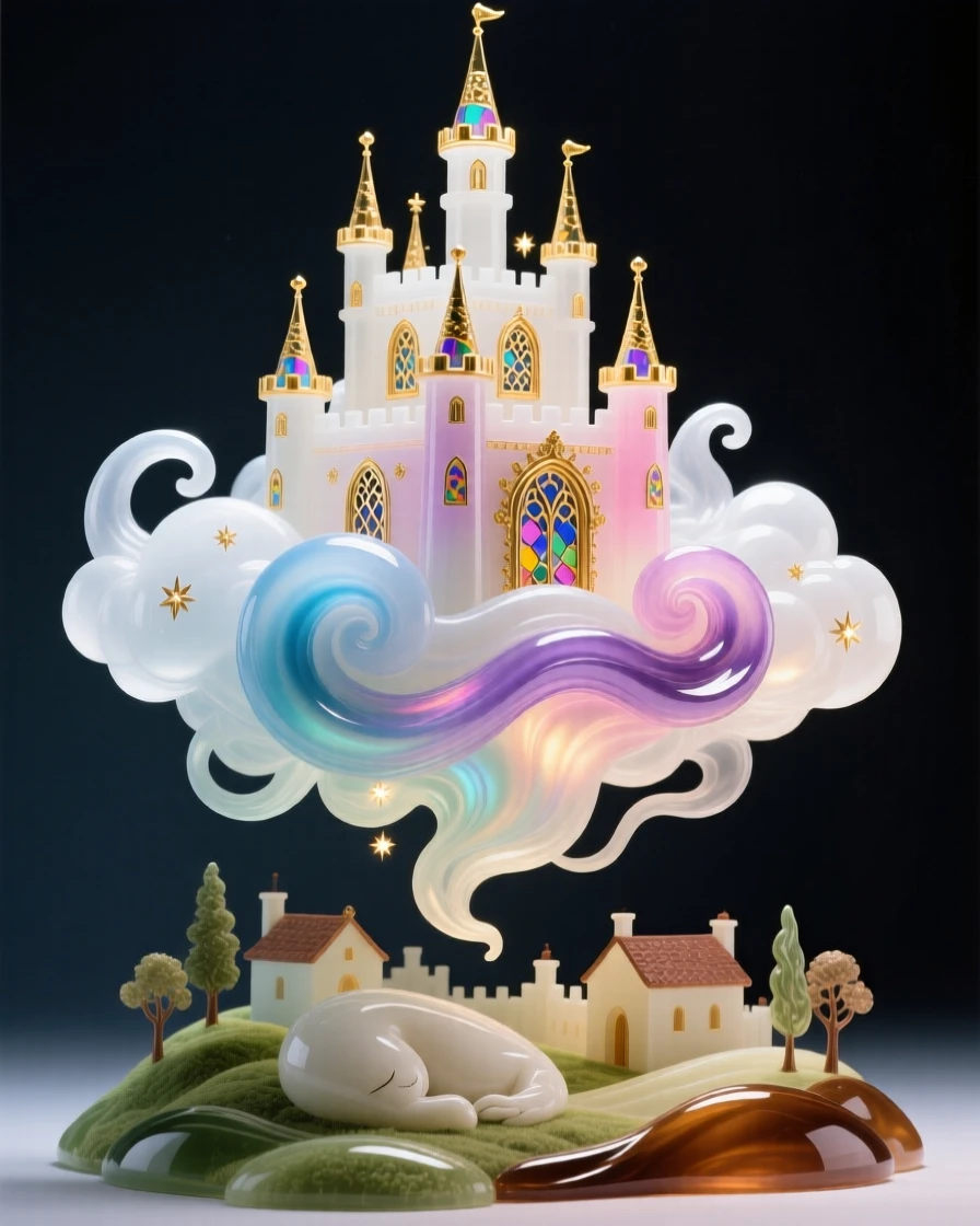 A castle built entirely from clouds floating above a sleeping kingdom, whimsical and majestic.