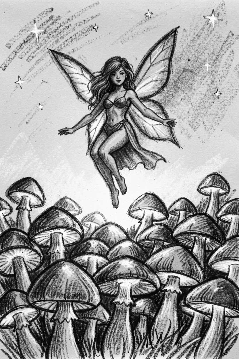 A fairy hovering above a bed of glowing mushrooms, as the first stars appear overhead.