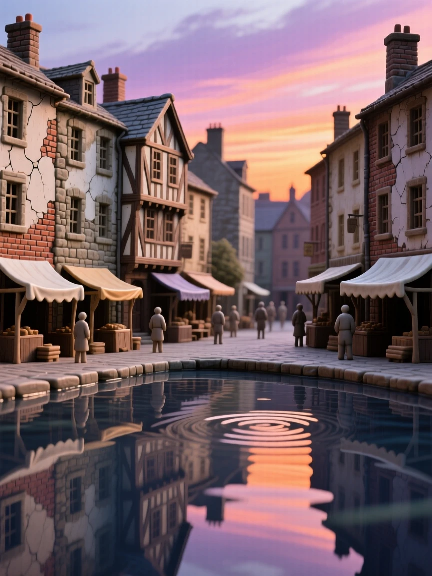 A bustling market square framed by old facades reflected in the still waters below, its silhouette sharp against a colorful sky, evoking timeless wonder and quiet grandeur.