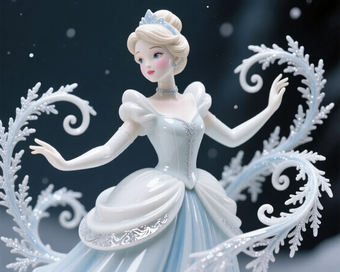 A storybook depiction of Cinderella commanding swirling patterns of frost, rendered with warm, nostalgic charm.