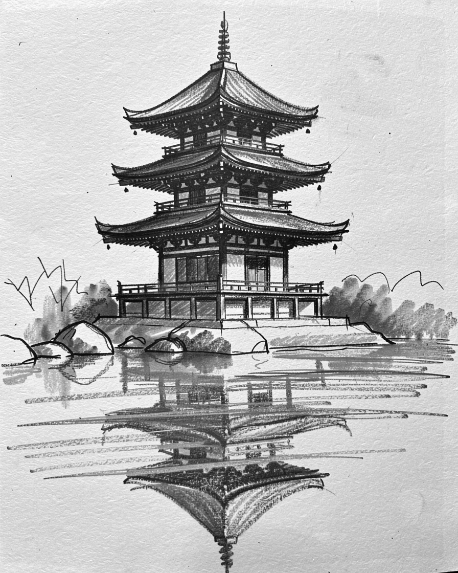 A traditional Japanese pagoda reflected perfectly in calm water nearby.