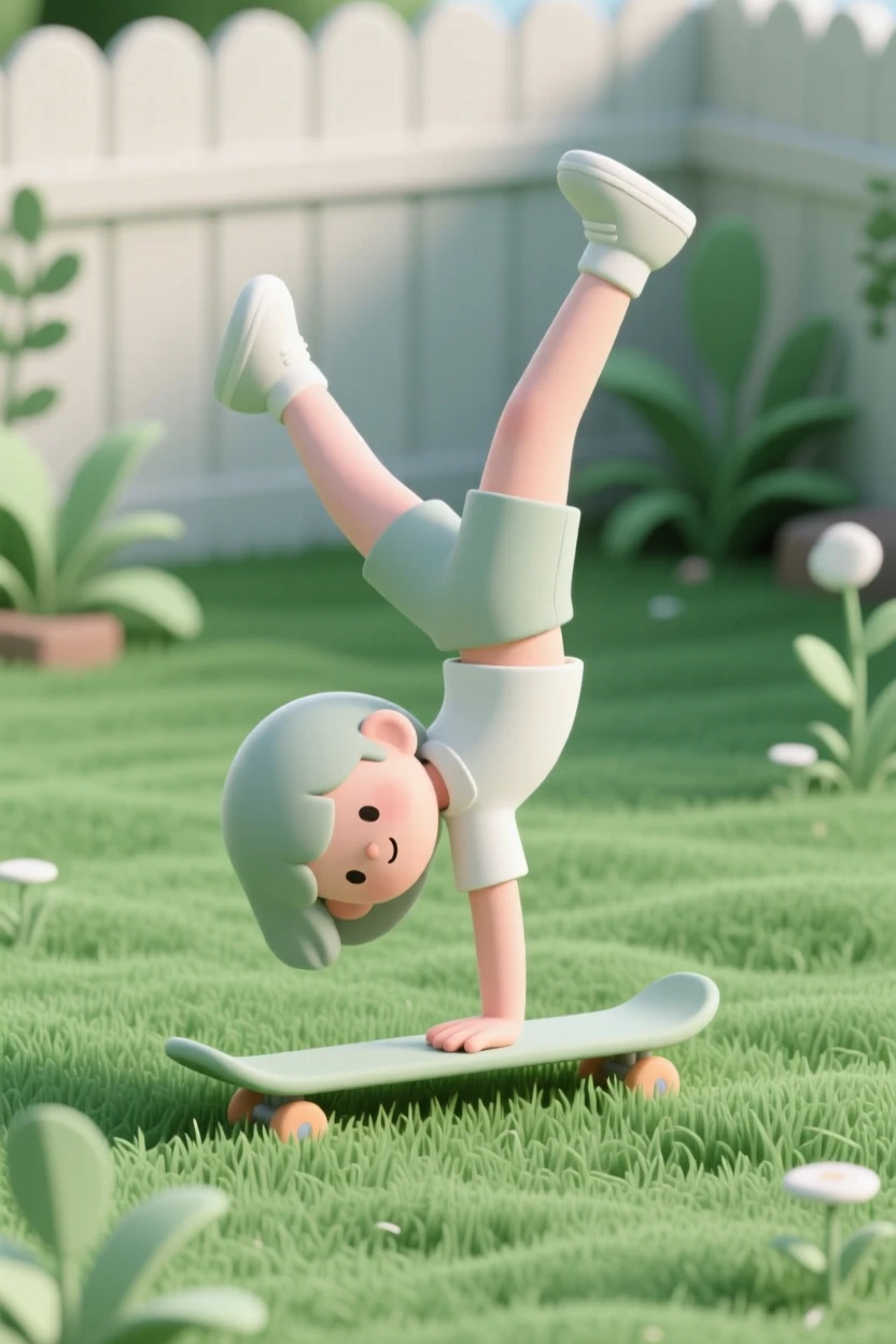 A determined girl practices cartwheels across a grassy backyard, landing a perfect one with arms raised triumphantly.