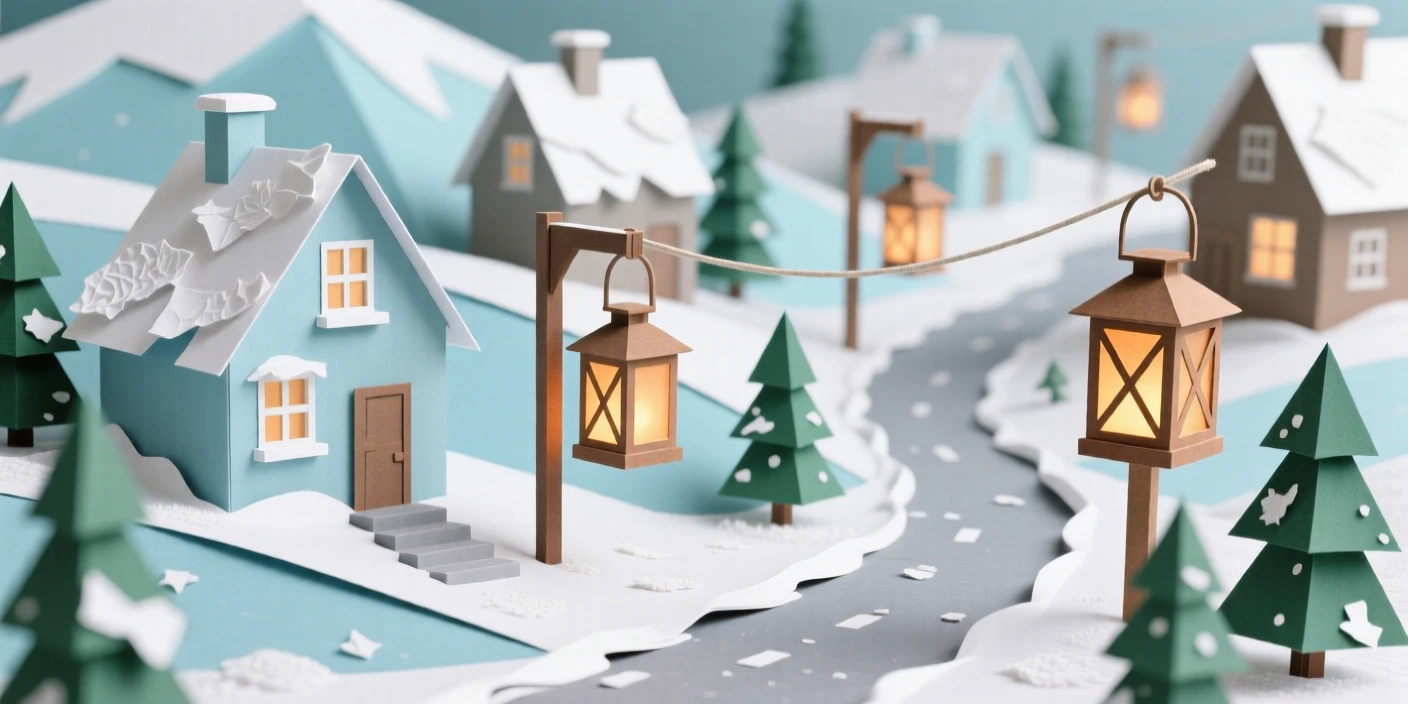 A snow-dusted alpine town dusted lightly with fresh snow, with lanterns swaying gently in the breeze, capturing a sense of discovery and adventure.