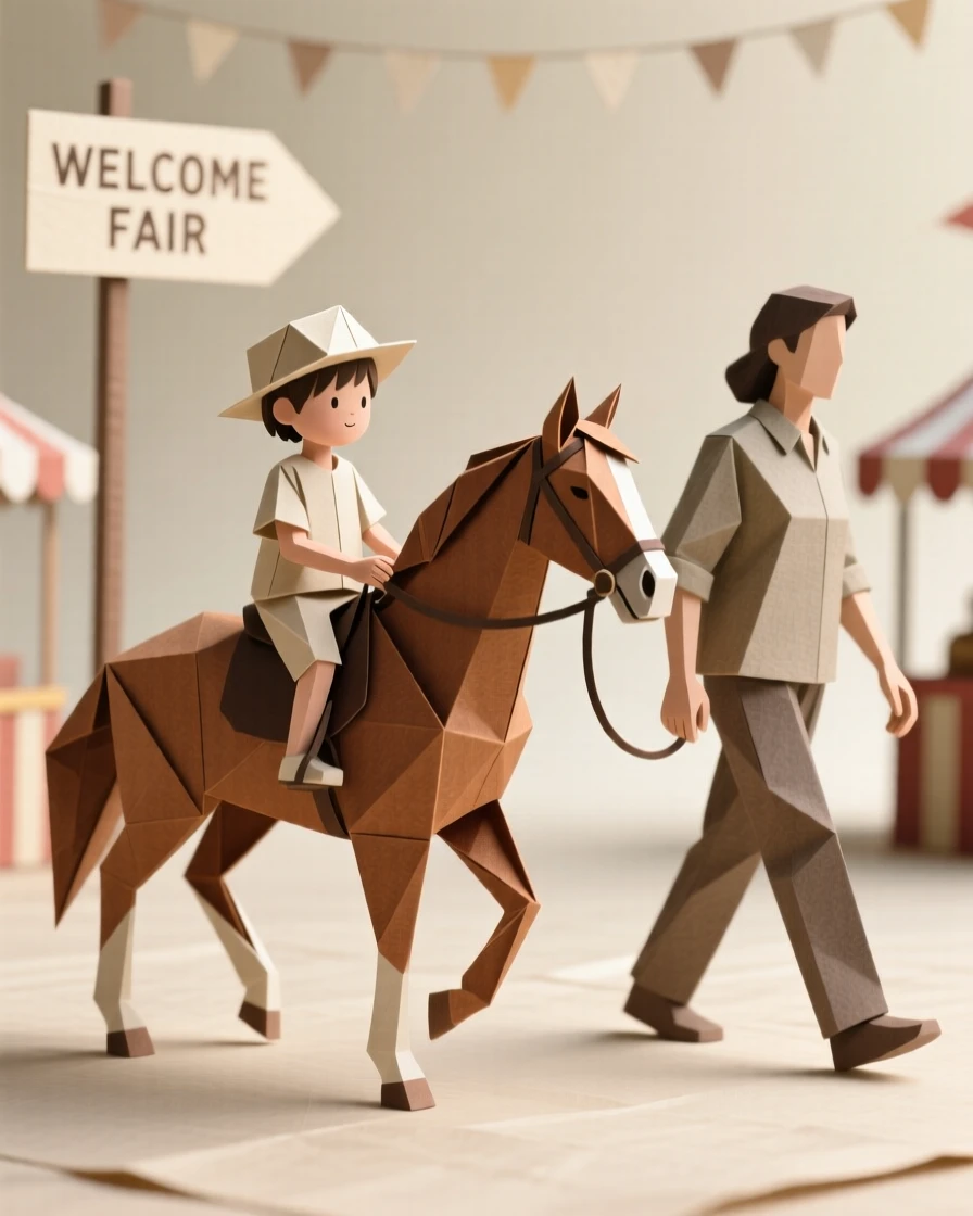 A child riding a pony at a small fair, parent walking alongside holding the lead.