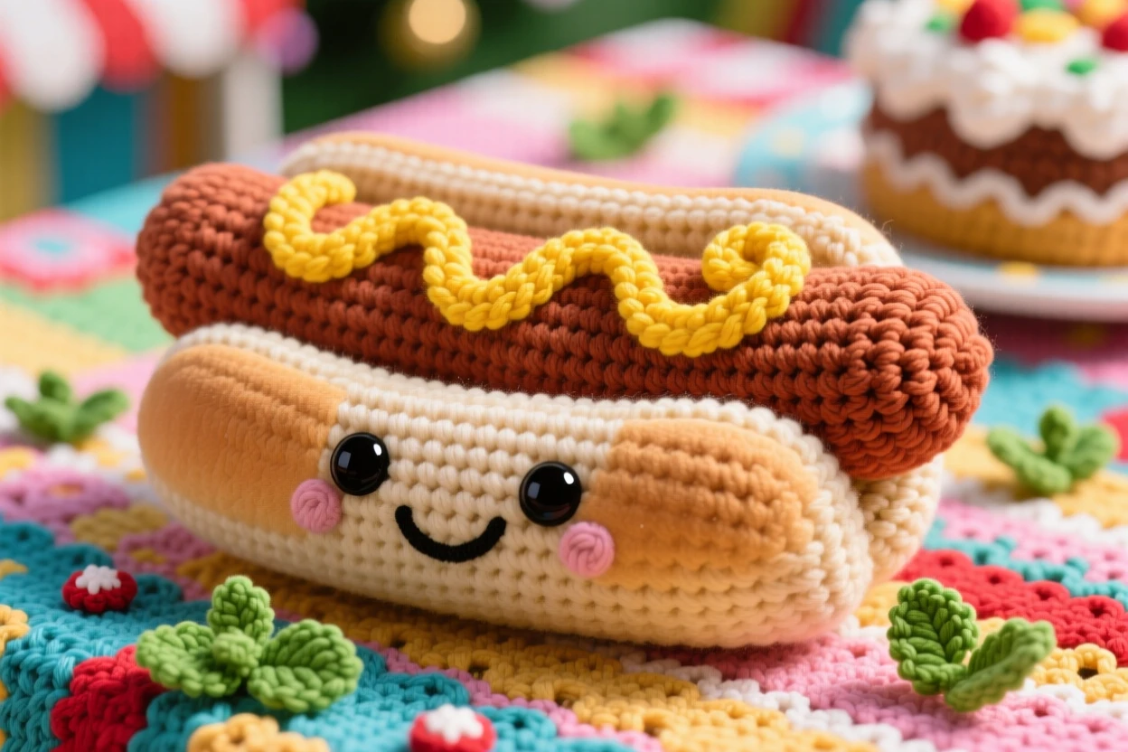 a cheerful hot dog character at a summer fair, with a swirl of mustard on top, is shown resting in a soft bun on a festive holiday dessert table beside a scattering of fresh mint leaves, capturing a cozy sense of shared treats.